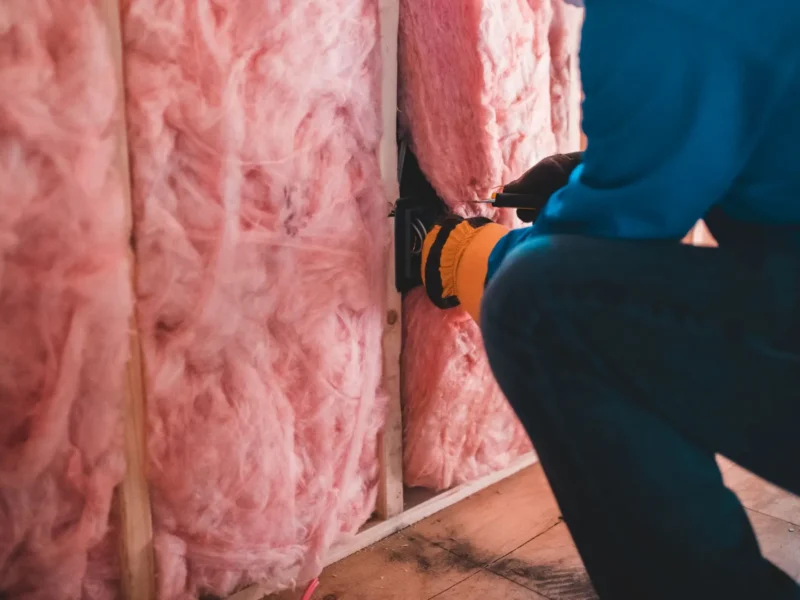 Installer fitting insulation batts between framing