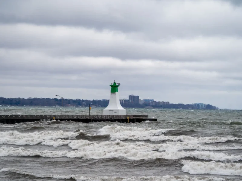 Lighthouse and waves on Lake Ontario on a stormy day