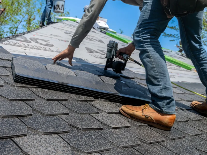 Roofer nailing a replacement shingle during a roof repair