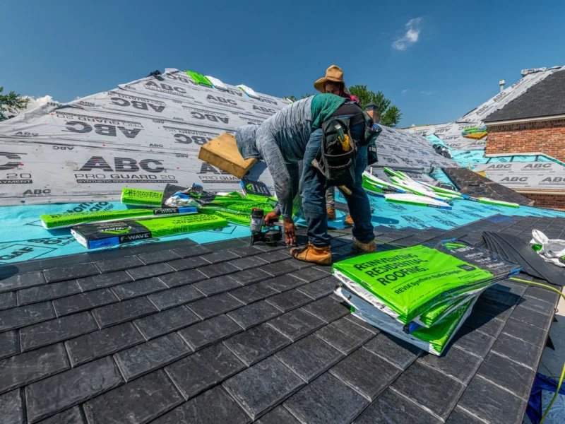 Roof replacement crew installing new shingles over synthetic underlayment