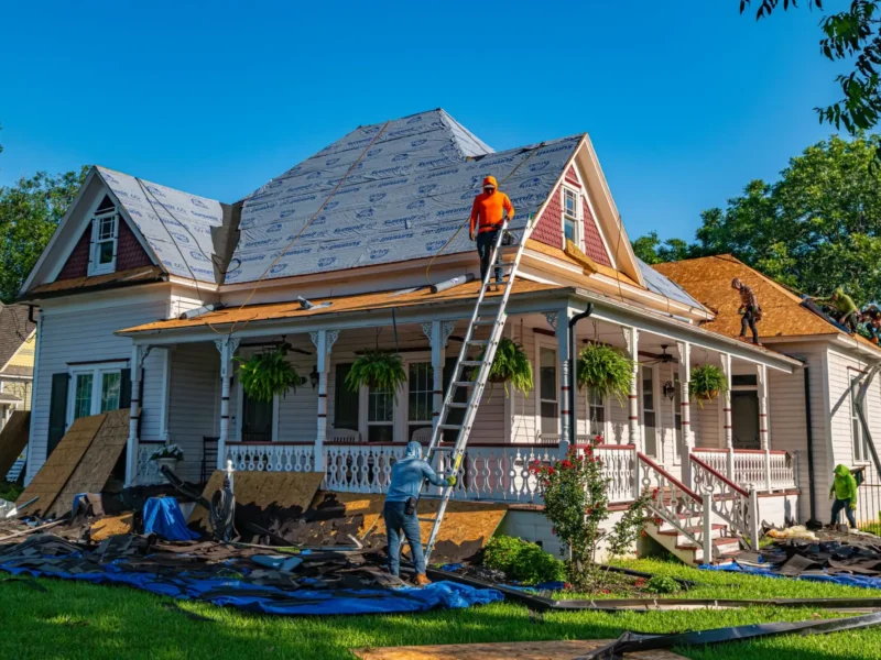 Crew replacing the roof on a Victorian style home in summer