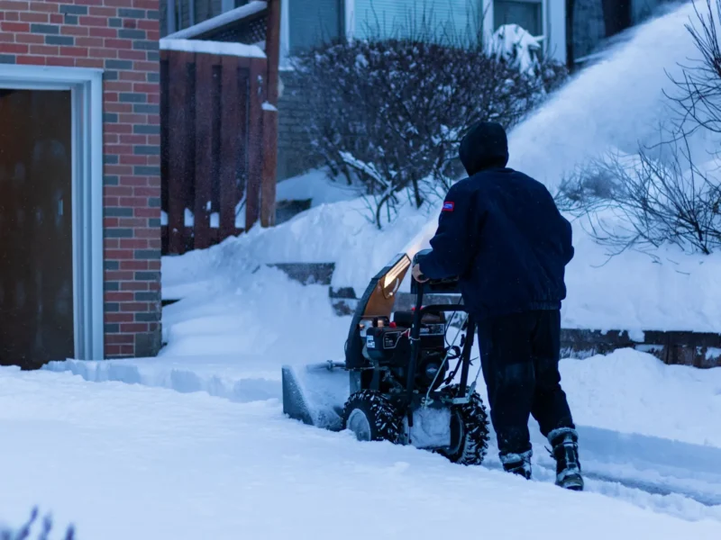 Worker using a snow blower to clear a residential driveway